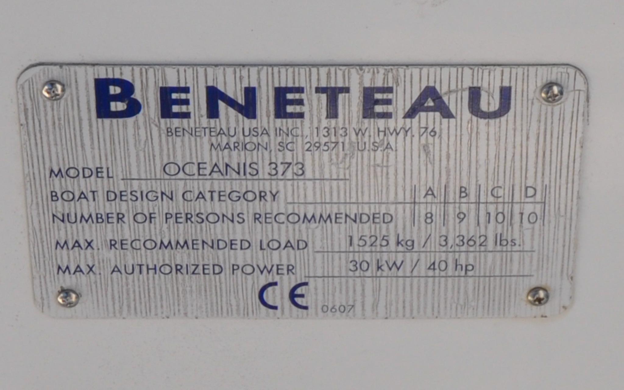 Beneteau - Oceanis 373 - Sheekasay - Cockpit - Builders Plate
