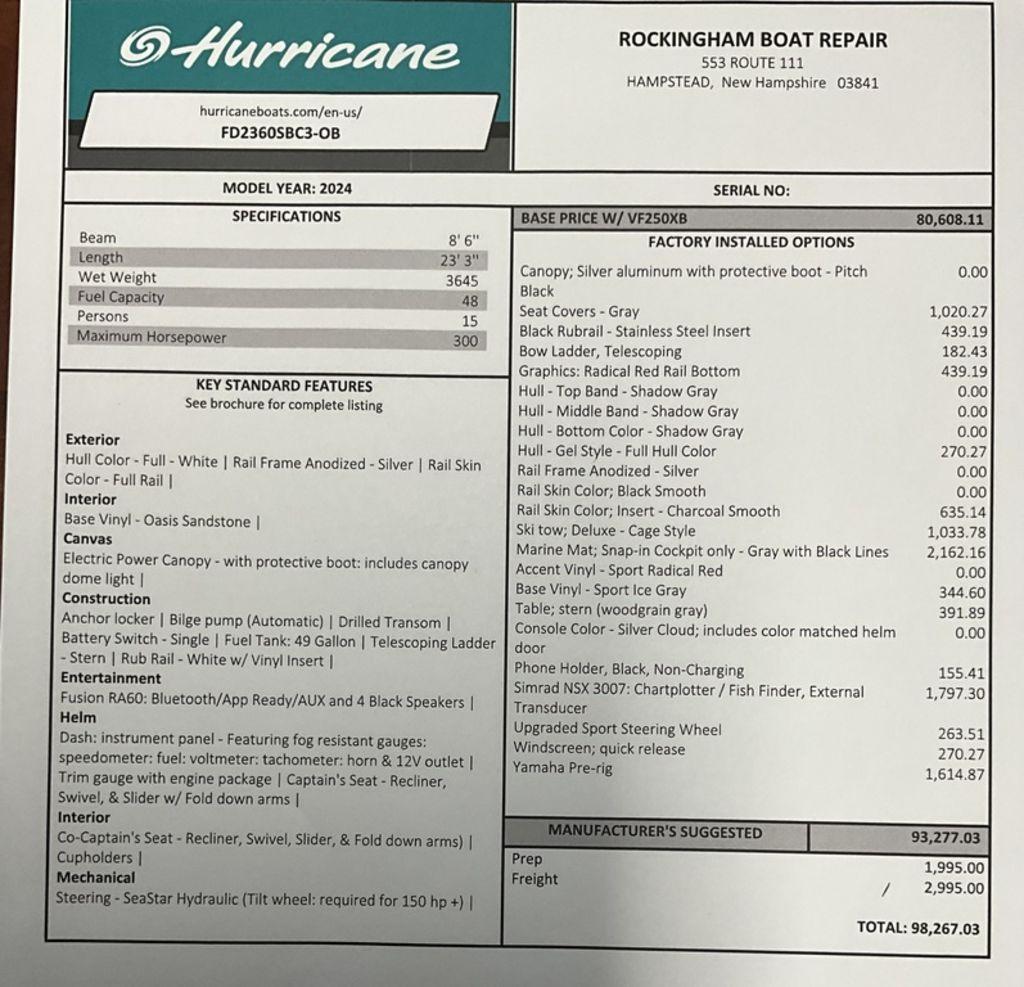 New 2024 Hurricane Fundeck 2360 SBC OB, 03841 Hampstead Boat Trader