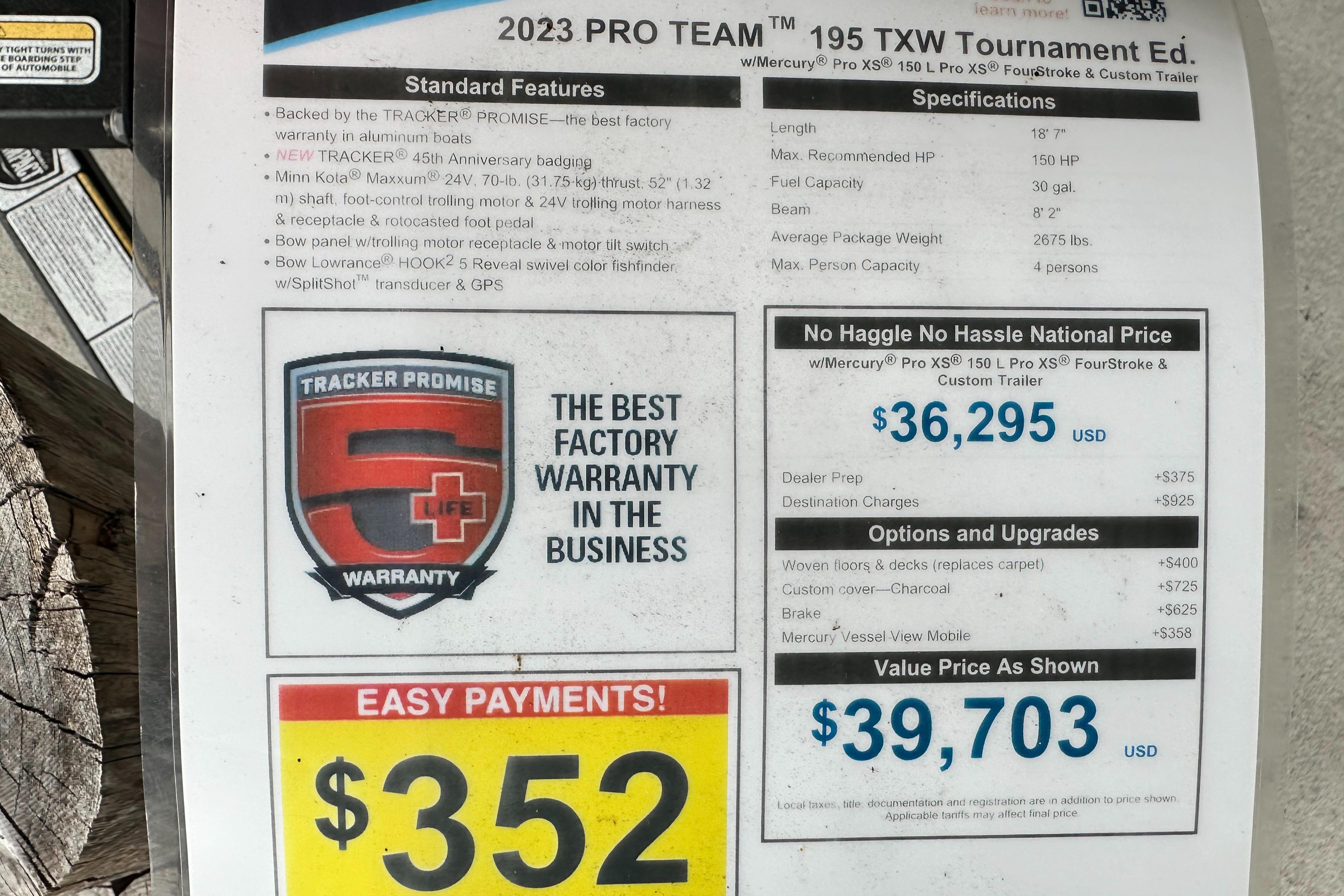 2023 Tracker Pro Team 195 TXW Tournament Edition